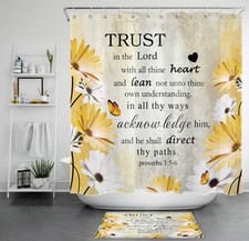 Inspirational Bible Verse Yellow Floral Shower Curtain Set for Bathroom Decor