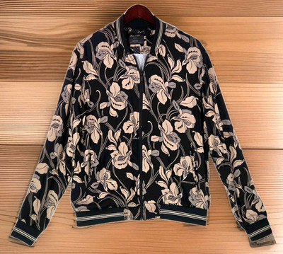 Porter & Ash Floral Bomber Jacket Black Tan Hibiscus FullZip Inner Pockets Large