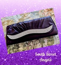 VINTAGE DARK PLUM PURPLE SATIN RHINESTONE HANDBAG PURSE EVENING BAG