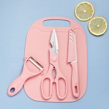 4-in-1 Pink Travel Cutting Board and Knife Peeler Scissor Set Home Kitchen Tool
