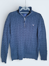 GANT Cable Knit 1/4 Zip Jumper Navy Blue Cotton Sweater Men  s M Label L 