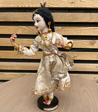 Vintage Kathak Dance Dancer Figurine Doll on Stand Hand Painted Cream Gold Black