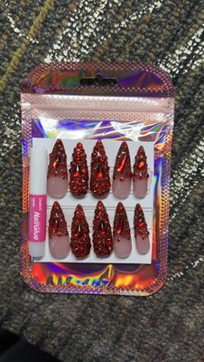 Handmade Press-On-Nails Shinny Red  Long Stilettos Bling Bling 10pc Set