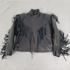 Vintage Unik Leather Jacket Womens Extra Large Black Tassled Racer Biker Cowgirl
