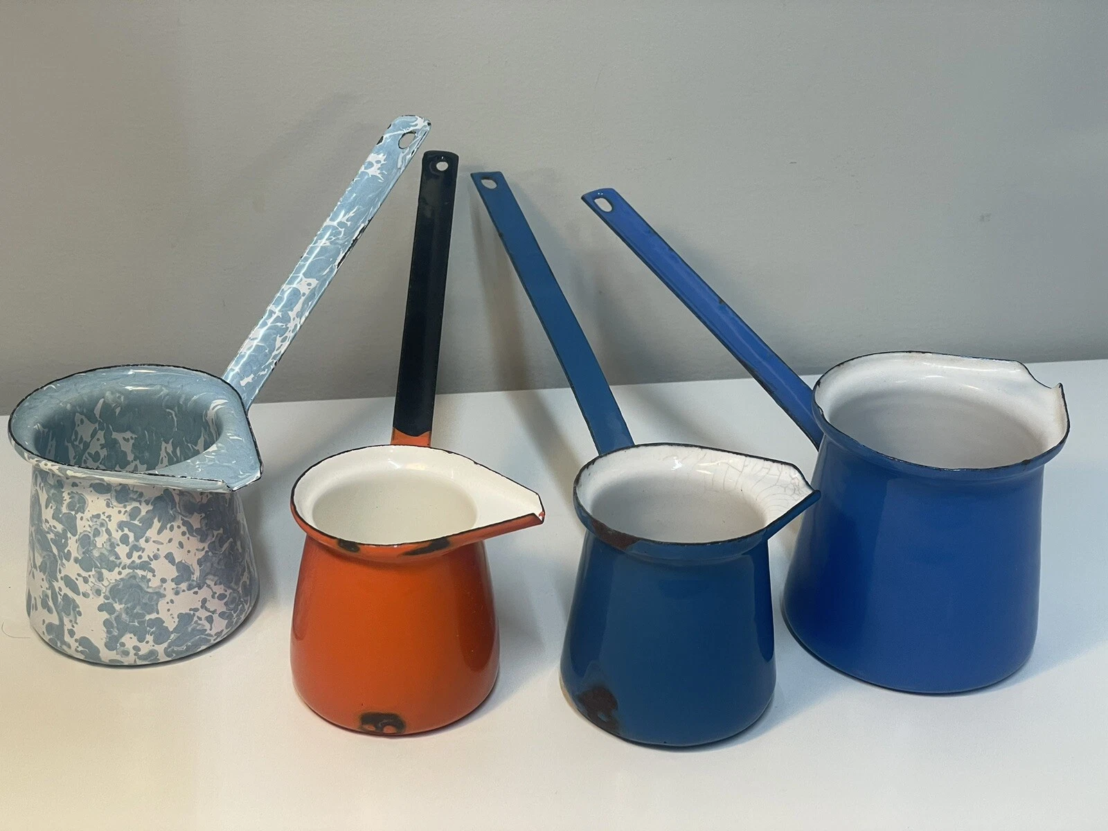 4 Vintage Enamelware Butter/Sauce Warmer Ladle Melter Pot Syrup Dipper