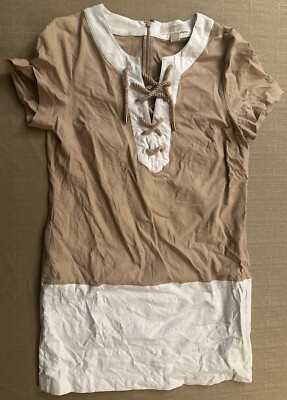 Michael Kors Women's Dress Linen Brown White Short Sleeve Tie