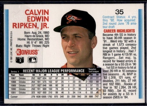 1992 Donruss #35 Cal Ripken Jr. Near Mint or Better - Picture 2 of 2