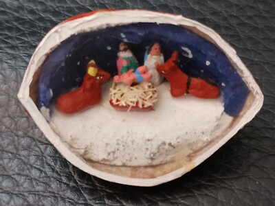 Miniature Nativity Scene Inside Half Walnut Shell Christmas Decor