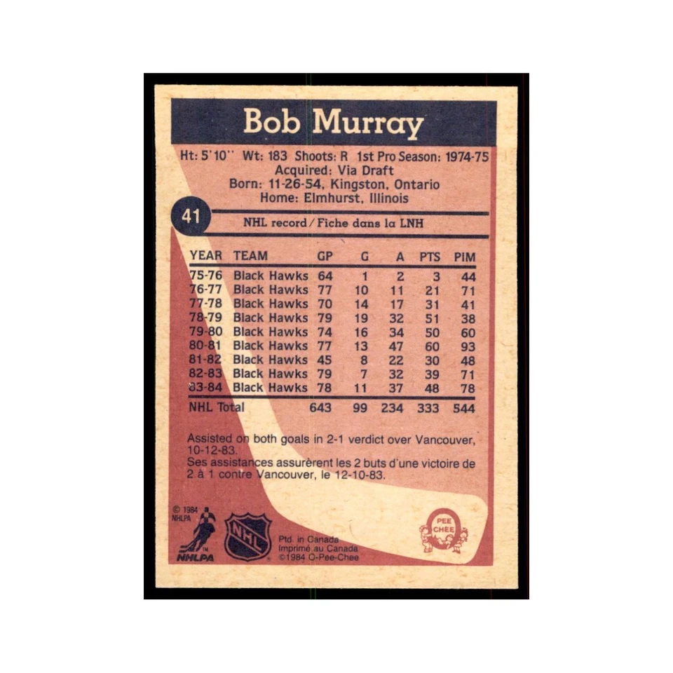1984 O-Pee-Chee Bob Murray Chicago Blackhawks #41 - Image 2 of 3