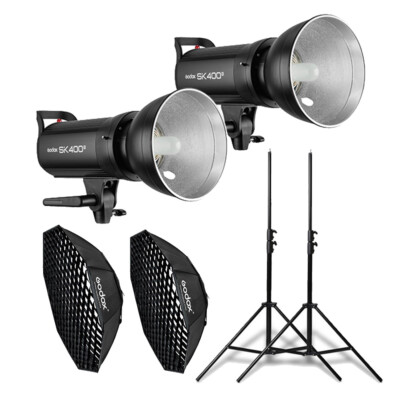 2X Godox SK400II 2.4G Studio Blitz + 95cm Bowens Grid Softbox + Stativ Set