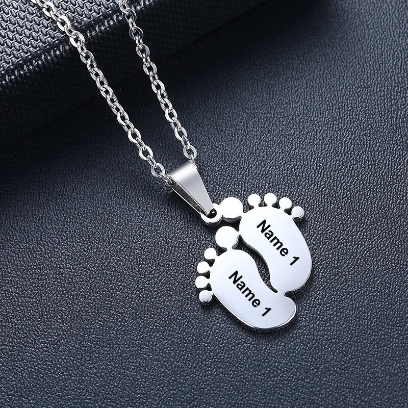 Personalised Baby Feet Foot Necklace Pendant Engraving ID Name Date Custom Gift