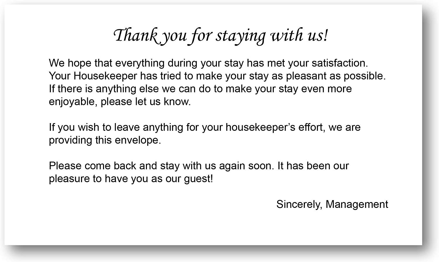 Housekeeping Hotel / Motel Tip Gratuity Envelope Gummed Seal, White