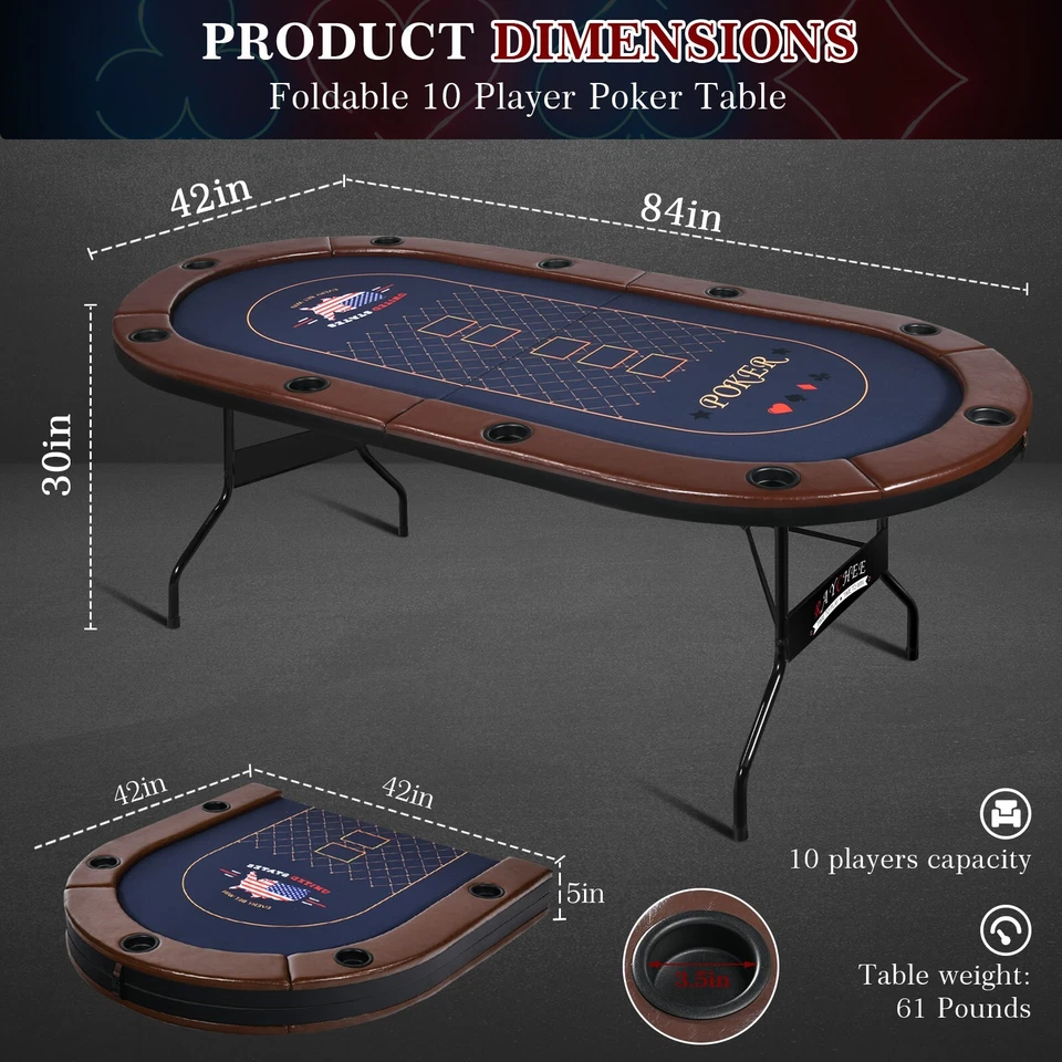 Poker Table 10 Player Texas Holdem Game Folding Casino Metal Leg Cup Holder 84in - Image 4 of 4