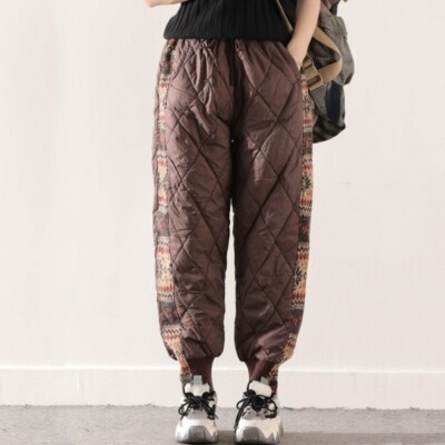 Damen Stepp Wattierte Hose Thermo Gummibund Hose Retro Ethno Hose