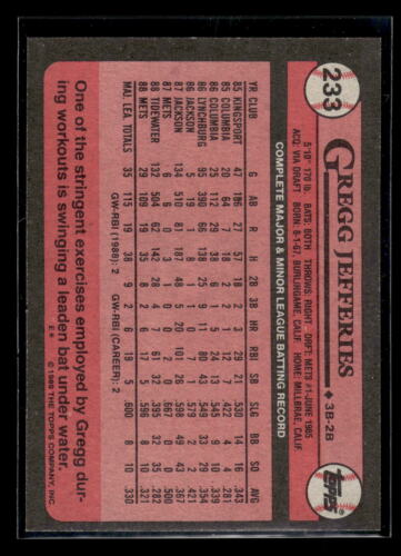1989 Topps #233 Gregg Jefferies novato como nuevo + Mets de Nueva York número disponible - Imagen 2 de 2