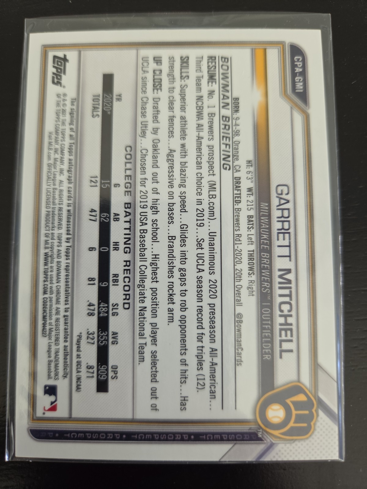 2021 Bowman Chrome Garrett Mitchell AUTO # 160/250 view 2