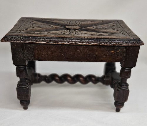 Antique Barley Twisted Oak Stool Carved English Victorian 19th Century Era