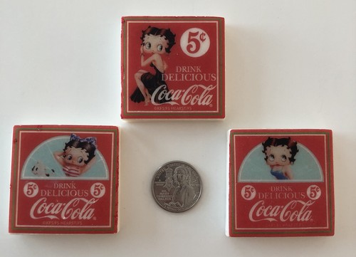 3 Betty Boop Coca Cola Delicious Square Refrigerator Magnets RARE