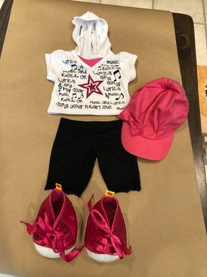 Build A Bear Girl's Musical Hooded White Top, Black Leggings, Pink Cap, Shoes