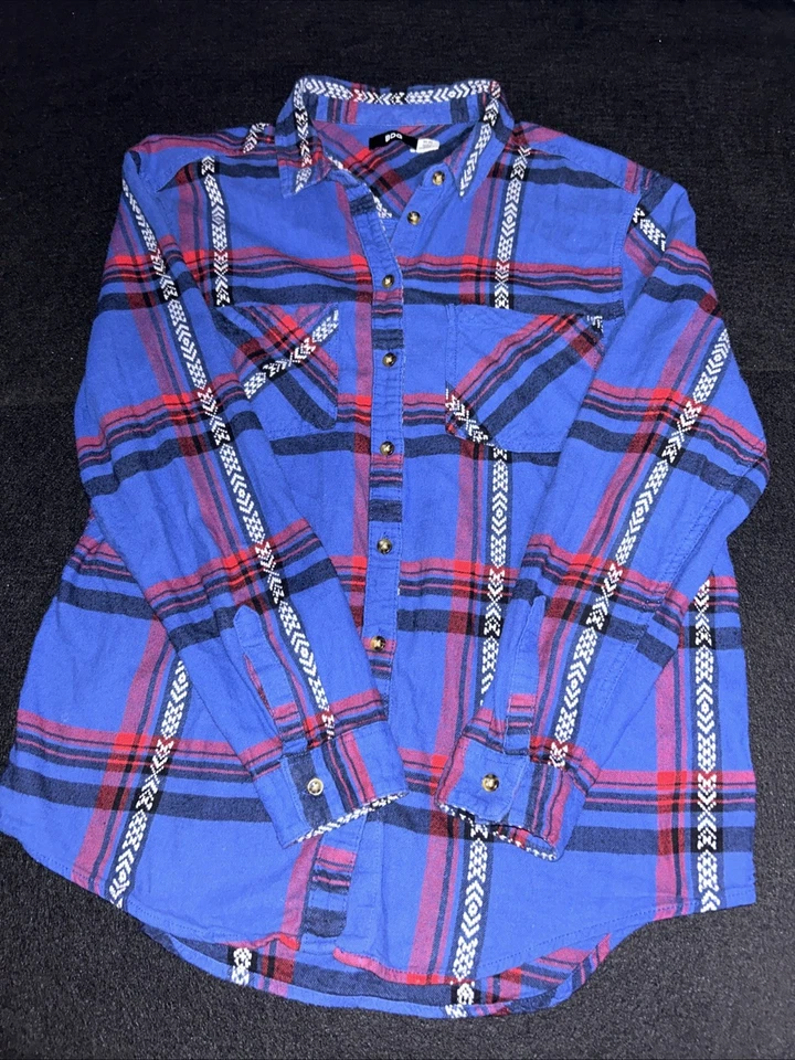 BDG Mens Medium Button Down Shirt Blue/Red Plaid and Aztec Pattern - Image 4 of 4