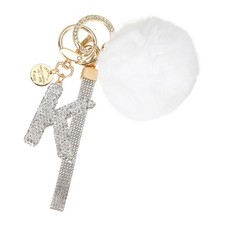 Initial Letter K Keychain with Pom and Rhinestone Wristlet, White