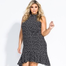 NWT City Chic Spot Ruffle Dress Size XL 22 Black White Polka Dot Halter Neck