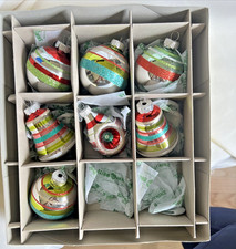 Set of 7 Christopher Radko Shiny Brite Glass Stenciled Ornaments with Box 3"