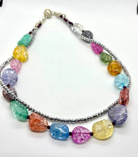 Handmade Colorful 2 Strand Light Weight Crackle Glass Necklace with Crystals 20"
