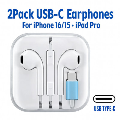 2Pcs USB-C Wired Stereo Earbuds Headphones For iPhone 16 15 Pro Max Plus iPad