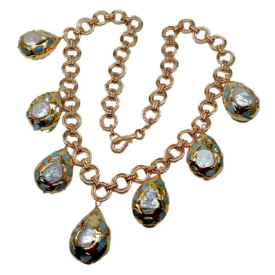 White Coin Pearl Blue Larimar Gold Plated Chain Festoon Necklace 21''
