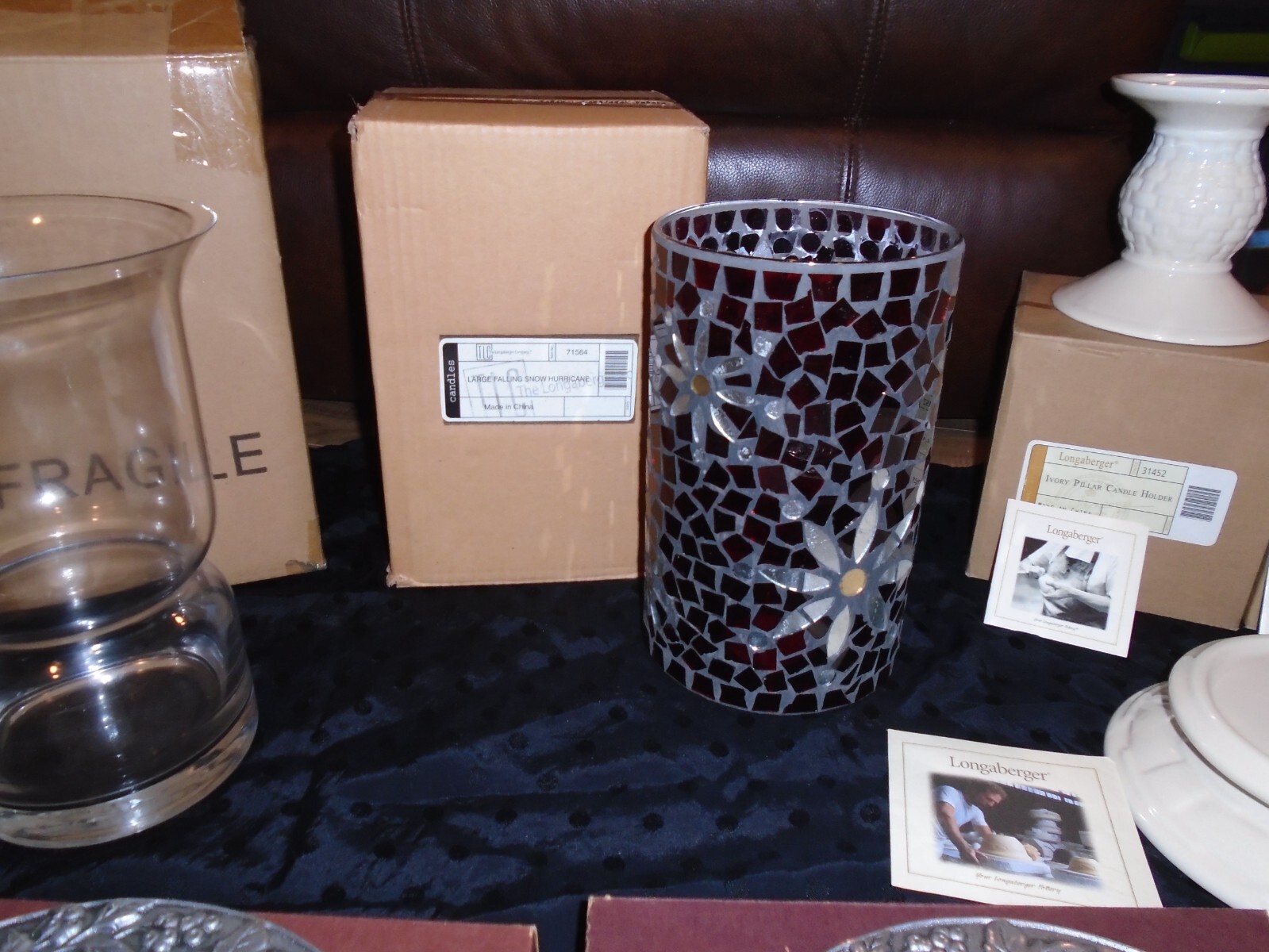 Longaberger Ivory Pillar Candle Holder/Hurricane/Falling Leaves