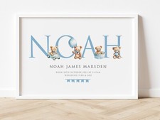 Personalised Baby Name Print Teddy Bear Nursery Boy Birth Gift  A4