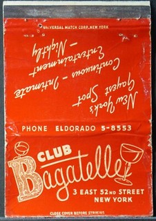 Vintage Matchbook Cover New York Club Bagatelle