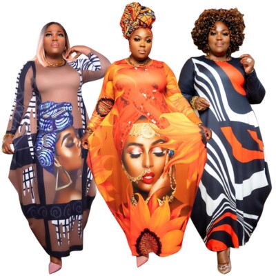 Plus Size Maxi Dress Black Women AfricanPrint Long Sleeve Loose Pocket Oversize