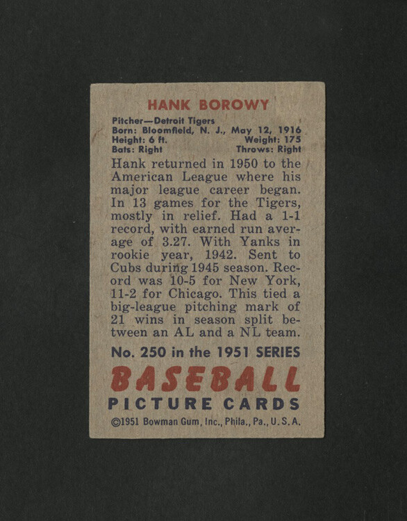 1951 BOWMAN BASEBALL CARD 250 HANK BOROWY AUTOGRAPHED SIGNED DETROIT
