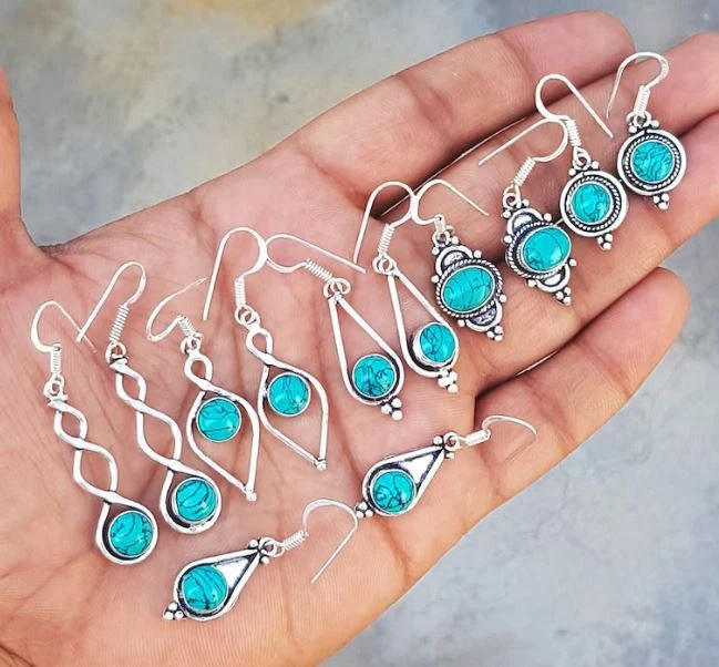 Lote de pendientes unisex hechos a mano enchapados en plata de ley 925 con piedras preciosas turquesa de regalo Foto 2 de 4