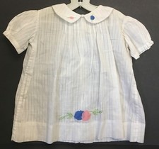 Vintage Girls Toddlers White Textured Dress With Pink  Blue Appliques
