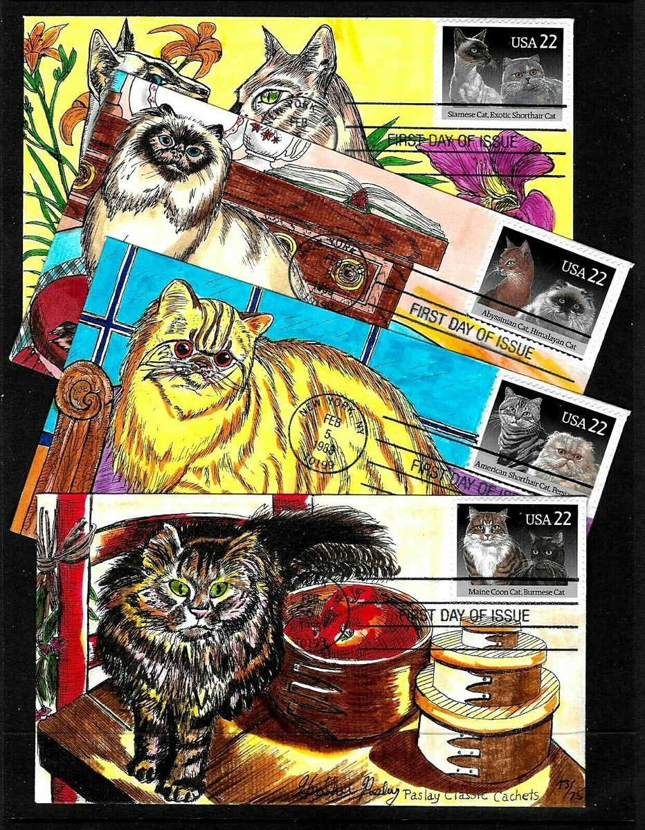 2372-5 22c Stamps (1988) CAT BREEDS FDC SET HD/HP BY PASLAY