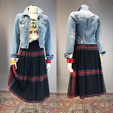 Vtg 80s Boutique LOUISBURG Lightweight woven WOOL Plaid Pleat Skirt Academia 90s