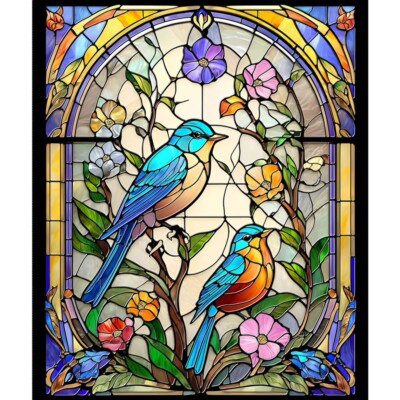 36'' X 44'' Panel Sunlit Birds Stained Glass Cotton Fabric Panel D486.84