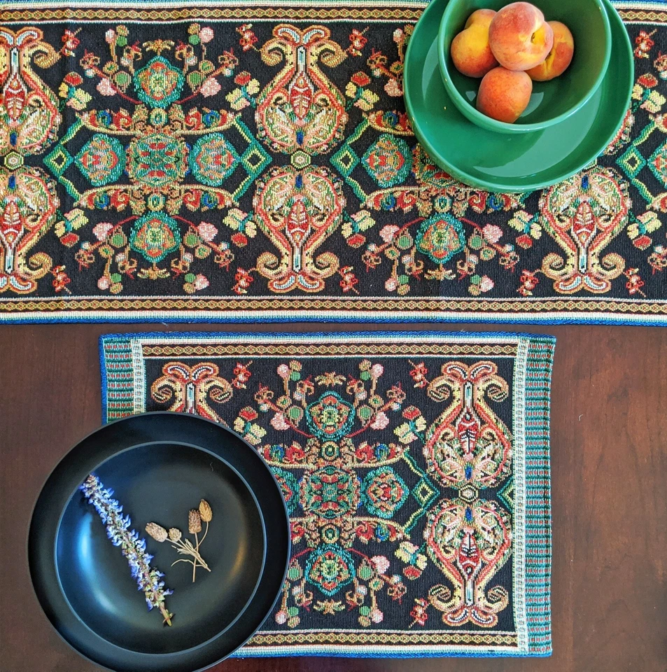 Tache Elegant Black Ornate Paisley Medallion Woven Tapestry Placemat Set of 4 - Image 3 of 4
