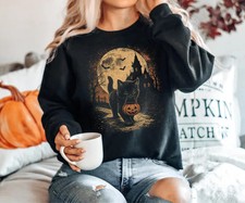 Retro Black Cat Halloween Sweatshirt Spooky Fall Autumn Unisex Crewneck Top