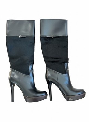 Vintage Gucci Black Pony Hair & Leather Platform Knee Boots    Size 7.5B 