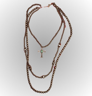 Silver Tone Beaded Necklace with Cross Charm Pendant, Green Oval Stone