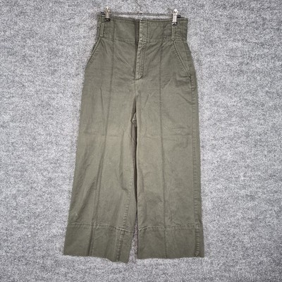 Massimo Dutti Trousers Womens Size 4 Olive Green Wide Leg Cropped