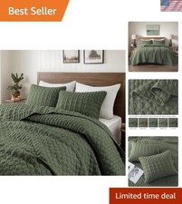 All-Season Olive Green Queen Quilt Pillow Shams Set - Soft Polyester Comfort