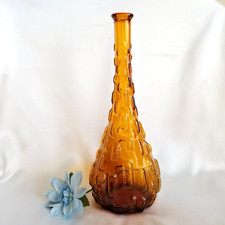 MCM Italian Empoli Amber Glass Genie Bottle Decanter Vintage Brick Pattern 15"