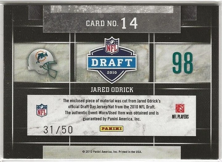 JARED ODRICK - 2010 Panini Limited - Draft Day Jersey Card 31/50 #14 (2307a) - Image 2 of 3