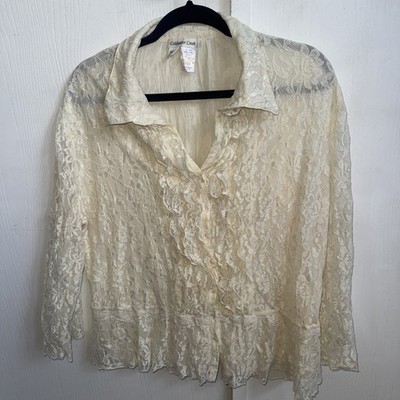 Coldwater Creek Women Ivory Lace Top Blouse Size Large XL Long  Sleeve