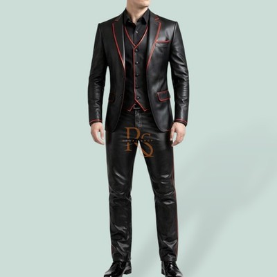 Men s Genuine Lambskin Leather Suit Black Slim Fit Blazer Vest Pants Red Trim 